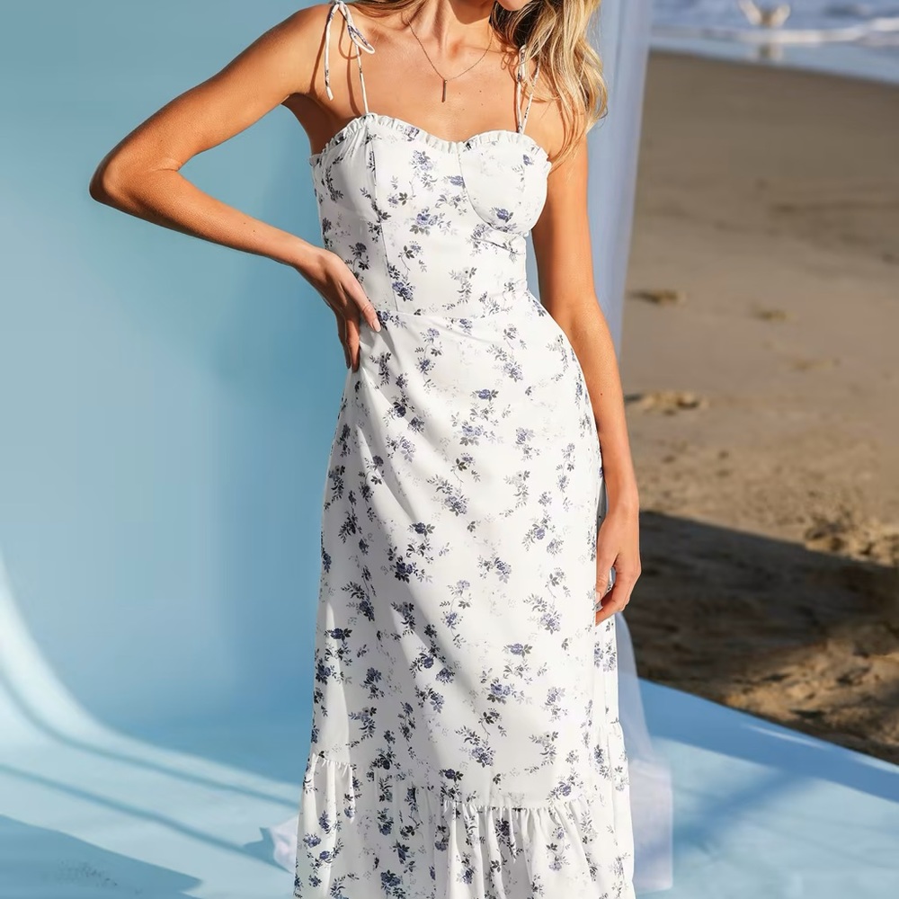 Blue floral midi dress with shoulder ties